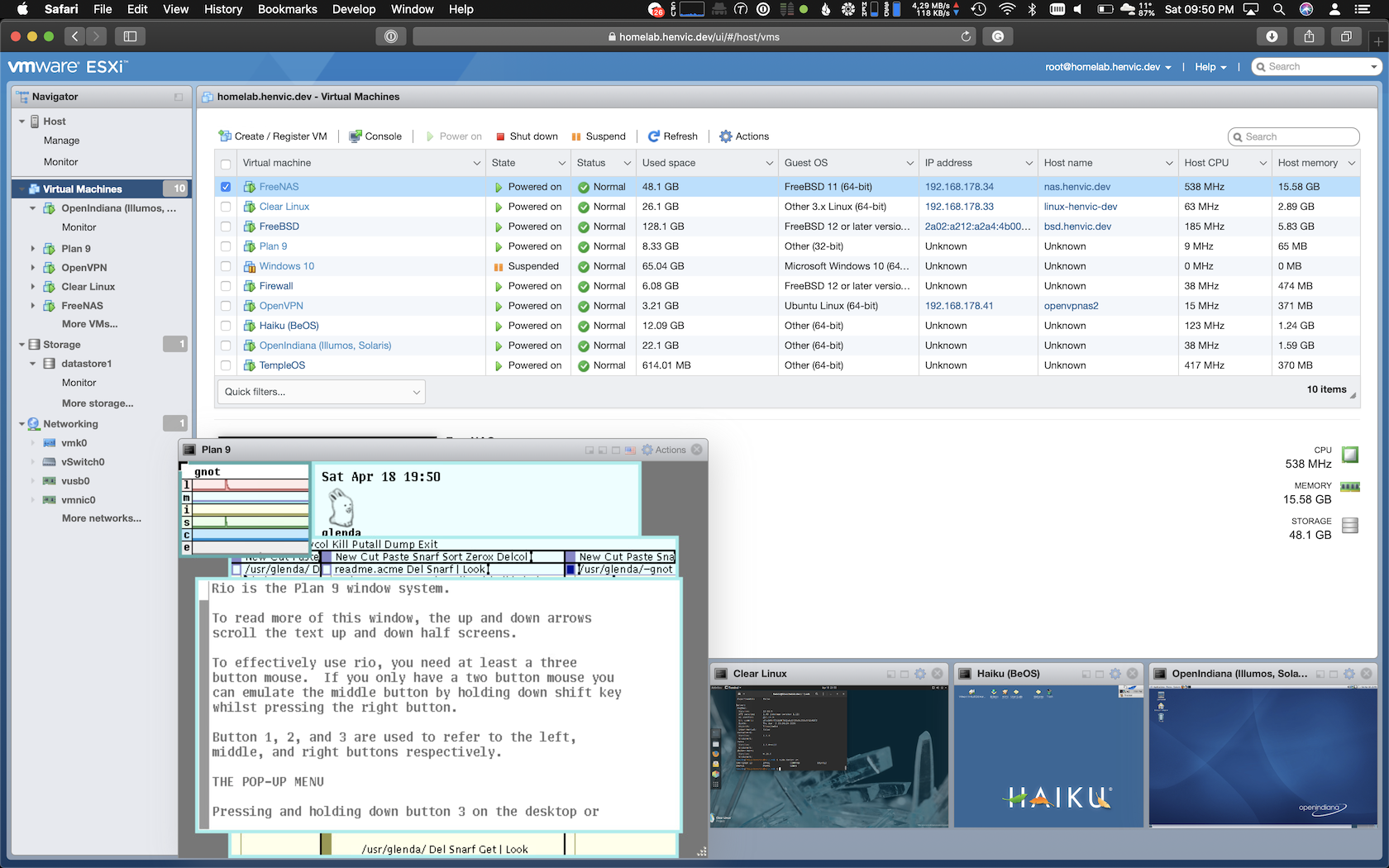 VMware ESXi 7 web client showing a virtual machine console running Plan 9